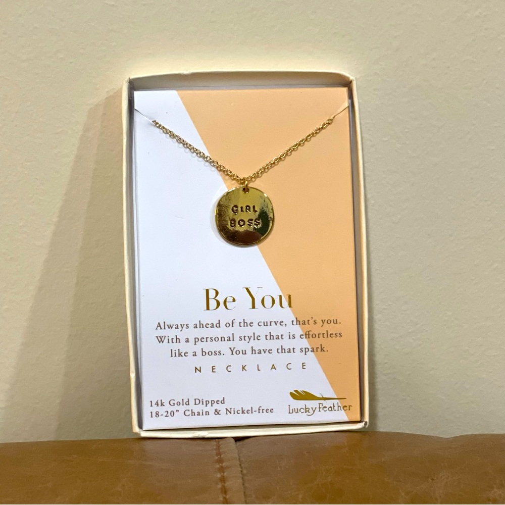 NWT 14K Gold Dipped Girl Boss Necklace by Lucky Feather